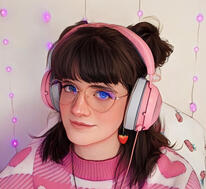 photo of strawberry wearing pink headphones, heart shaped glasses, strawberry earrings and a pink sweater smiling at the camera